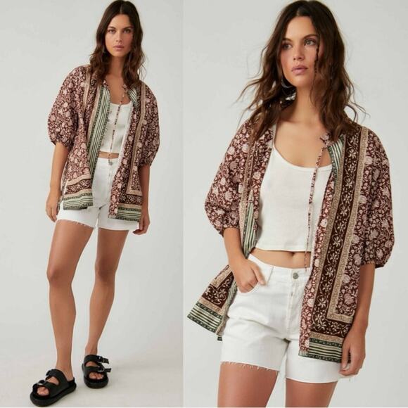 Free People Bohemian Retro 70s Border Batik Button Down Kimono Shirt Medium - Picture 2 of 13